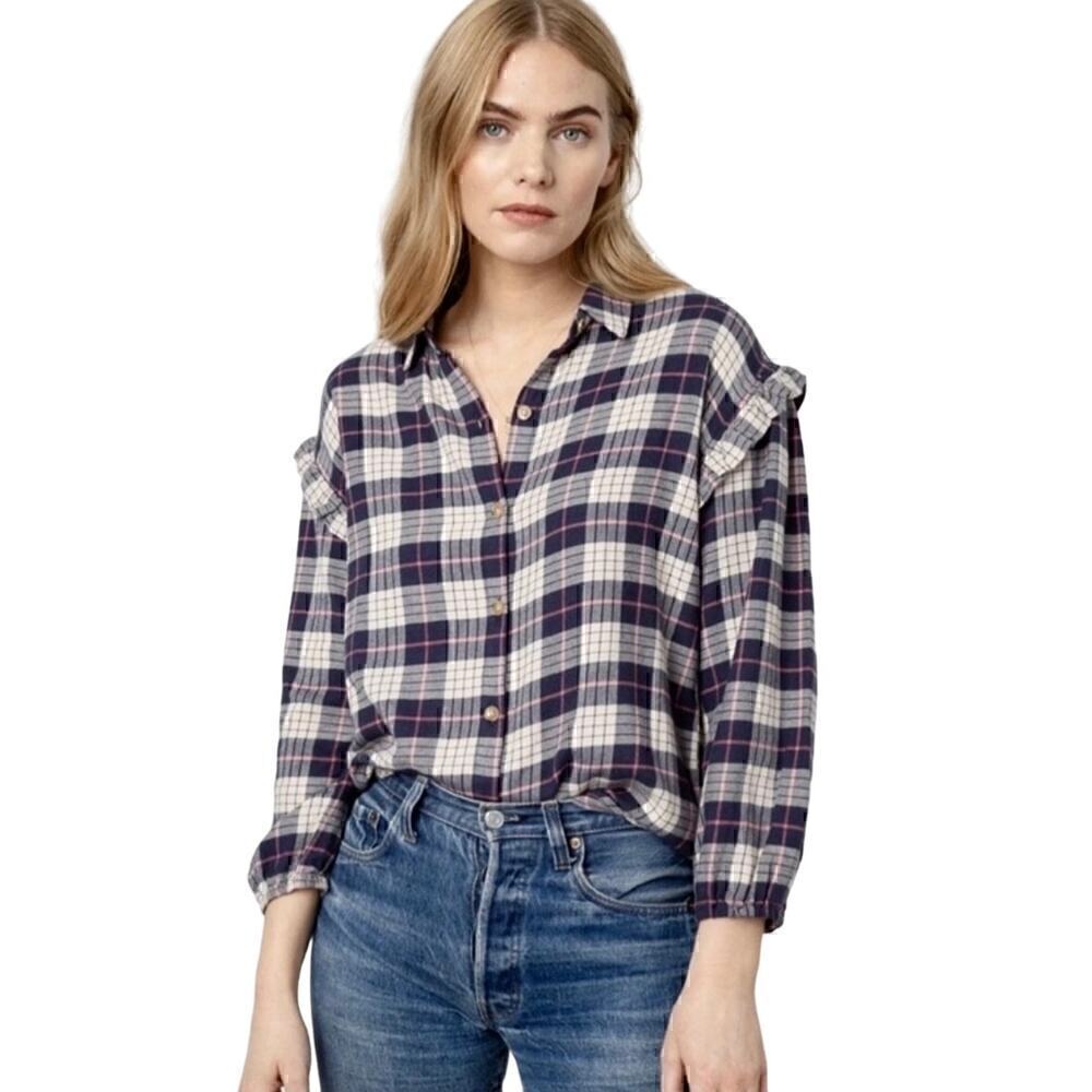 Rails Willow Flannel Button Down Ruffle Top in Almond Pink Navy Size Medium